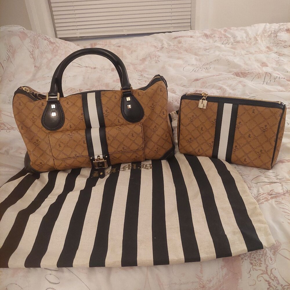 Rare L.A.M.B. Gwen Stefani Saddle Alston Satchel Bag & Cosmetics Make-up Bag